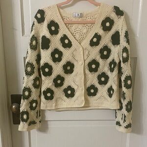 New Cream and Green Floral Knit Cardigan
